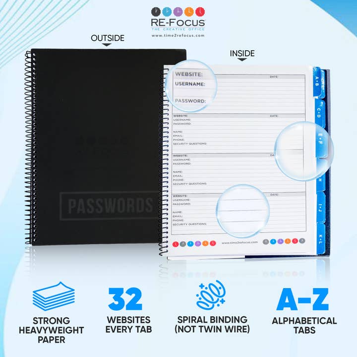 RE-FOCUS THE CREATIVE OFFICE - Wholesale Journal/Diary - Large Password Keeper Journal with Alphabetical Tabs