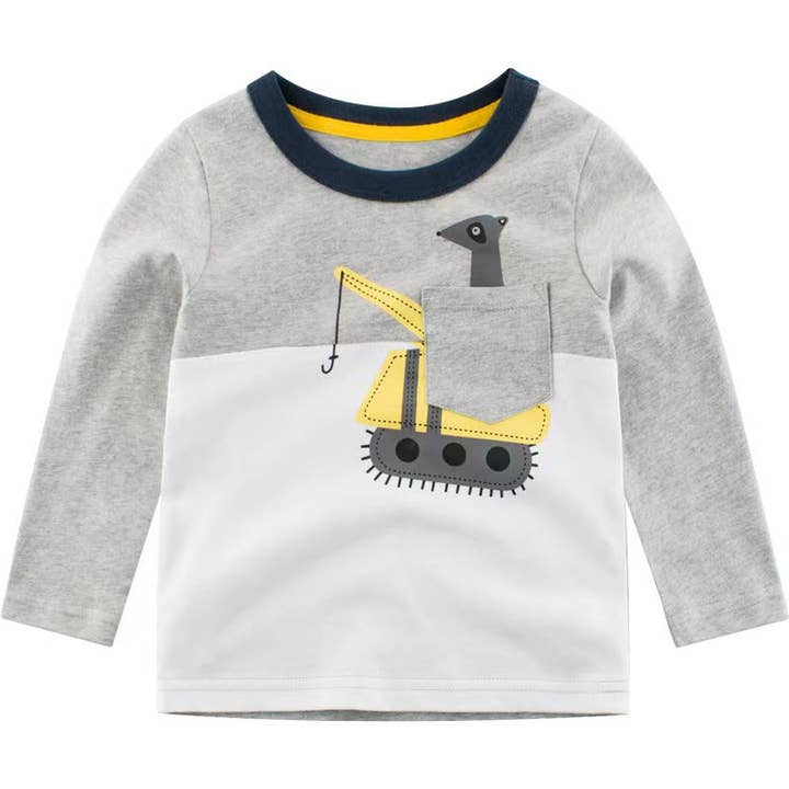 Baby-Jungen-Cartoon-Bagger & Tiermuster-Kontrastdesign-Shirt für den Großhandel von MyKids-USA®