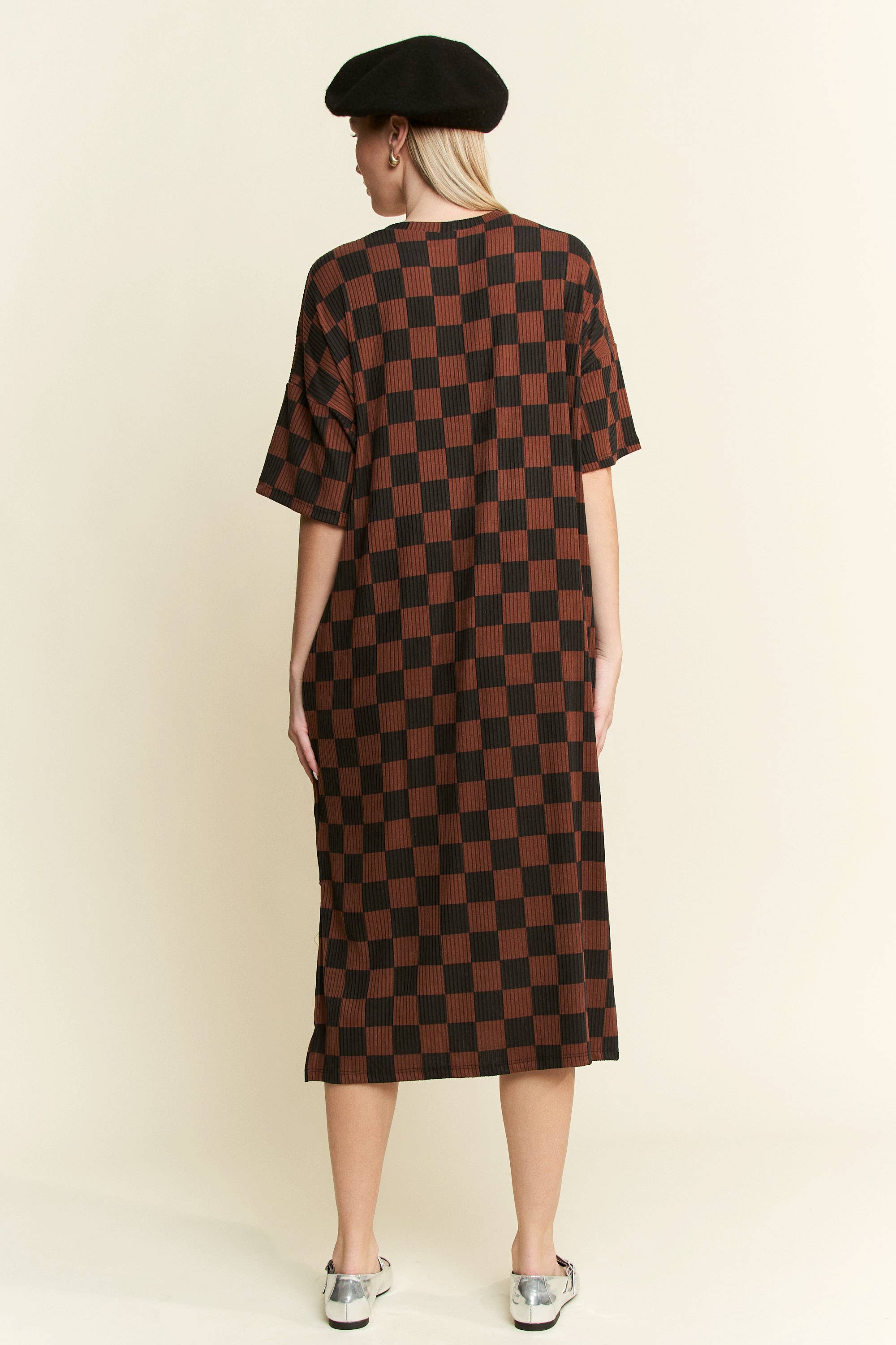 JADE BY JANE – wholesale Dress – Women's – 1/2 SLEEVE RIBBED CHECKERBOARD MIDI DRESS12