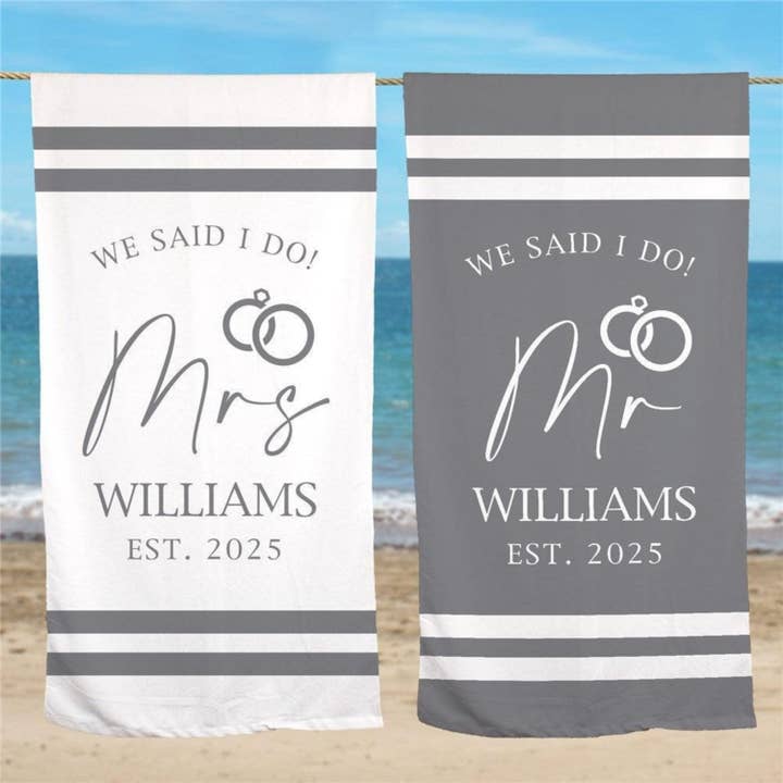 Personalized Mr & Mrs Gray Stripes Beach Towel – Custom Name Wedding or Honeymoon Gift for wholesale by Sunny Jar Personalized