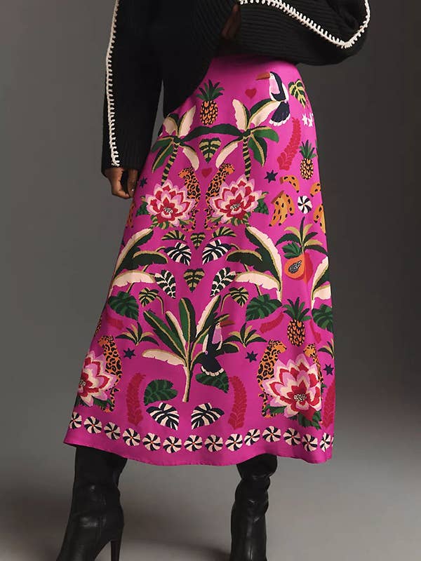 Rose Red Street Tropical Botanical Print Vintage Skirt for wholesale on Faire