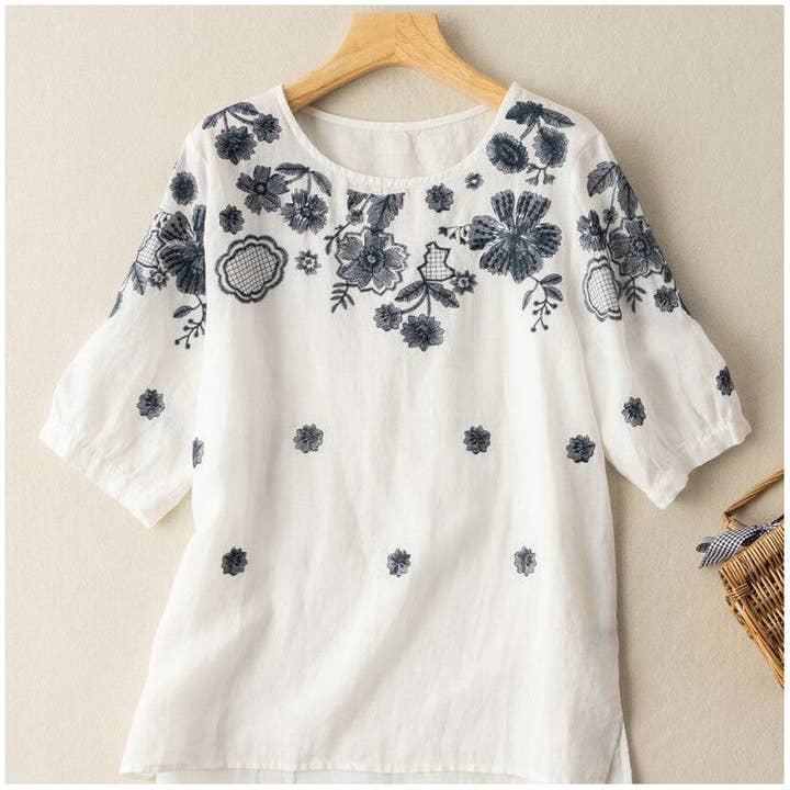 UZ Wholesale Store – wholesale Blus - Dam – Broderad linnebomullströja med avslappnad passform med rund hals