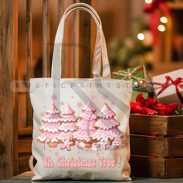 Christmas Tote Bag Vintage Pink Christmas Tote Bag for wholesale by RusticPrintStudio