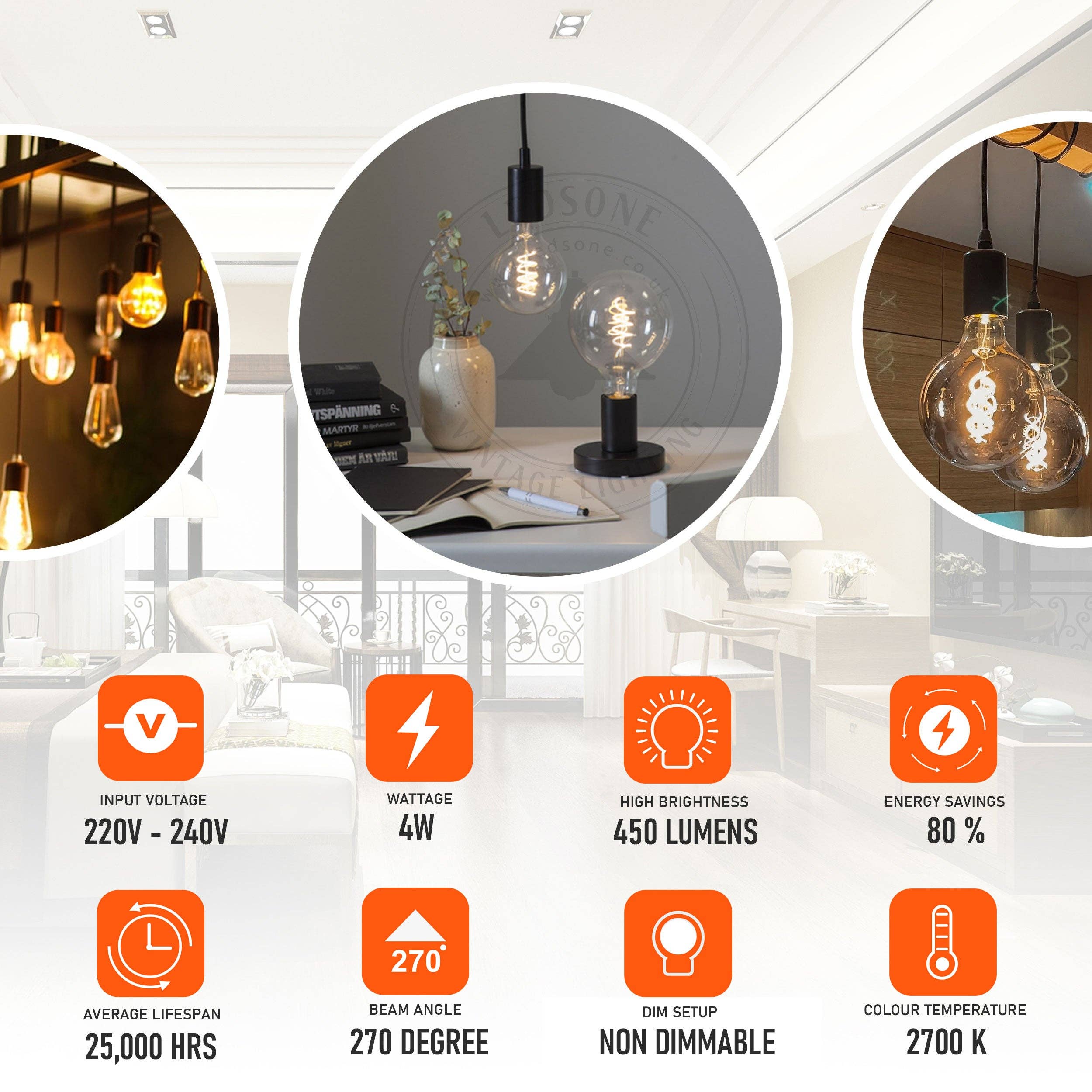 Ledsone - Wholesale Light Bulb/Puck - Vintage LED Spiral Filament G95 4W E27 Globe Light Bulb Decorative Edison Bulb ~40618