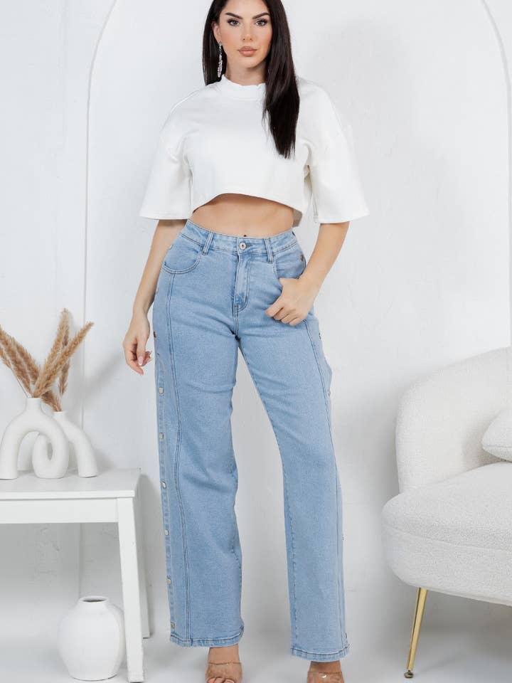 Liz high rise jean wide wide leg silhouette with a snap- button side placket from hip to hem for wholesale by BALBOA
