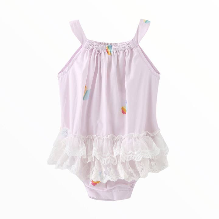 Babies Organic Cotton Lace Romper Pink Rainbow Heart for wholesale by iMiN Kids