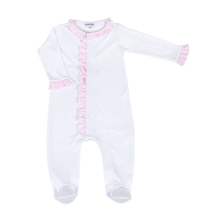 New Beginnings Pink Ruffle Front Footie for wholesale by Magnolia Baby