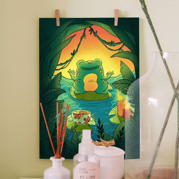 Impression d'art animalier | Décoration murale mignonne | Imprimé grenouille méditante | Art de grenouille | Décoration intérieure | Art de la nature | Impression d'art mignon | Art botanique pour la vente par Tara Sullivan