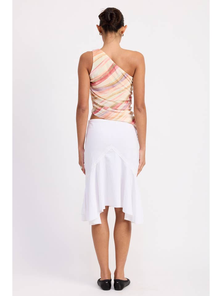 MULTI ONE SHOULDER RUCHED MESH TOP WITH ASYMMETRICAL HEM for wholesale on Faire