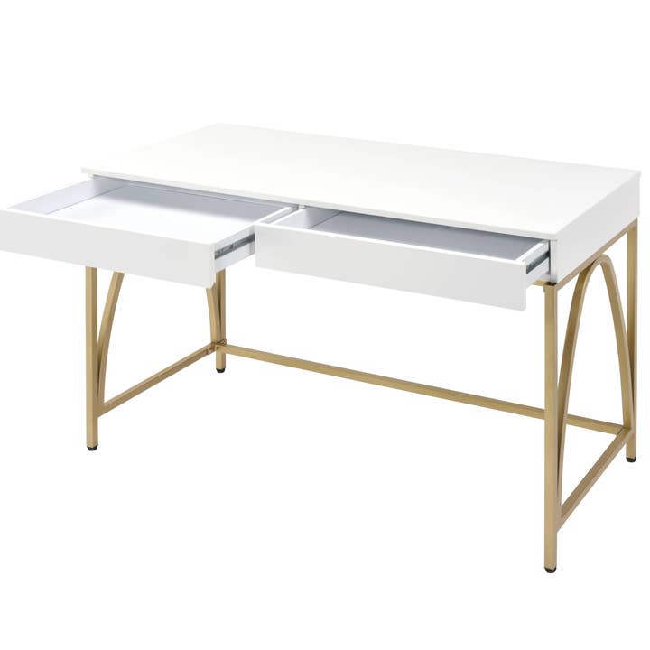 HomeRoots - Wholesale Console Table - 50" White And Gold Wood and Steel Vanity Table With Two Drawers3