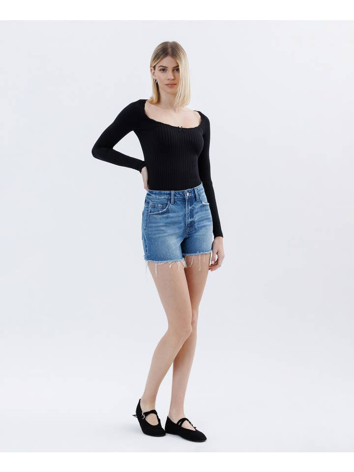 AMICABLY HIGH RISE RAW HEM DENIM SHORTS T6814 for wholesale on Faire