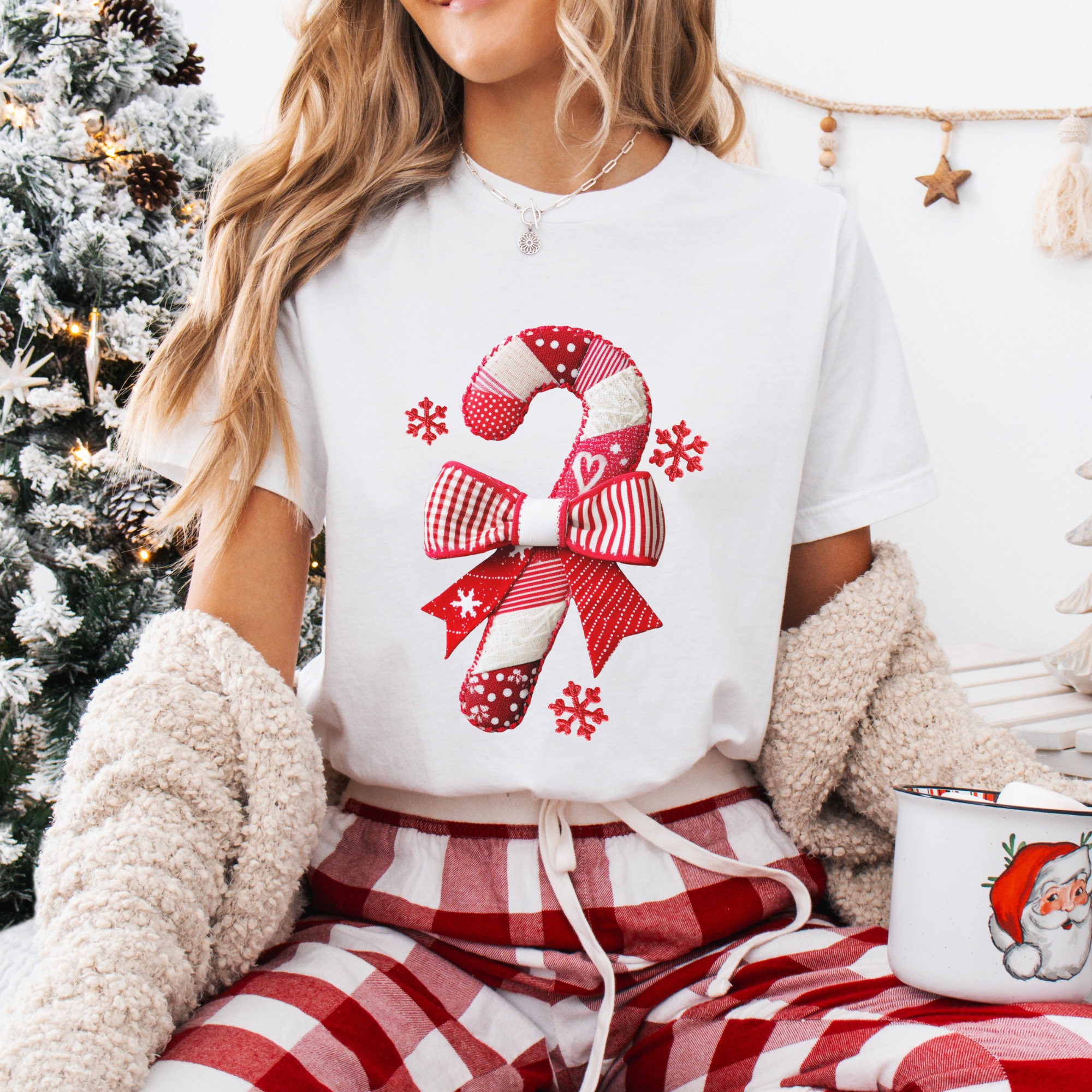 Trendznmore - Modern Graphic Apparel - Wholesale T-Shirt (Graphic) - Women's - Candy Cane Patchwork Christmas Tee, Merry Christmas T-shirts0