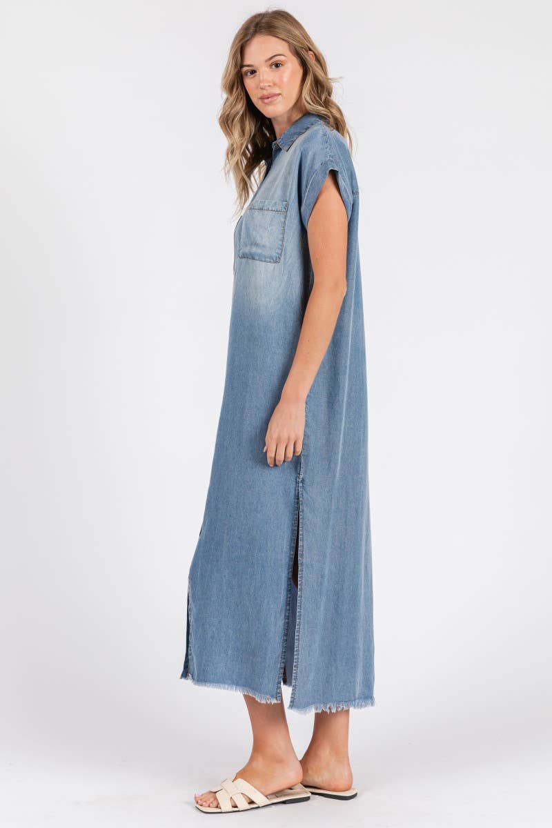 ZiA Apparel - Wholesale Jurk - Dames - Maxi spijkerjurk met korte mouwen en overhemdstijl24