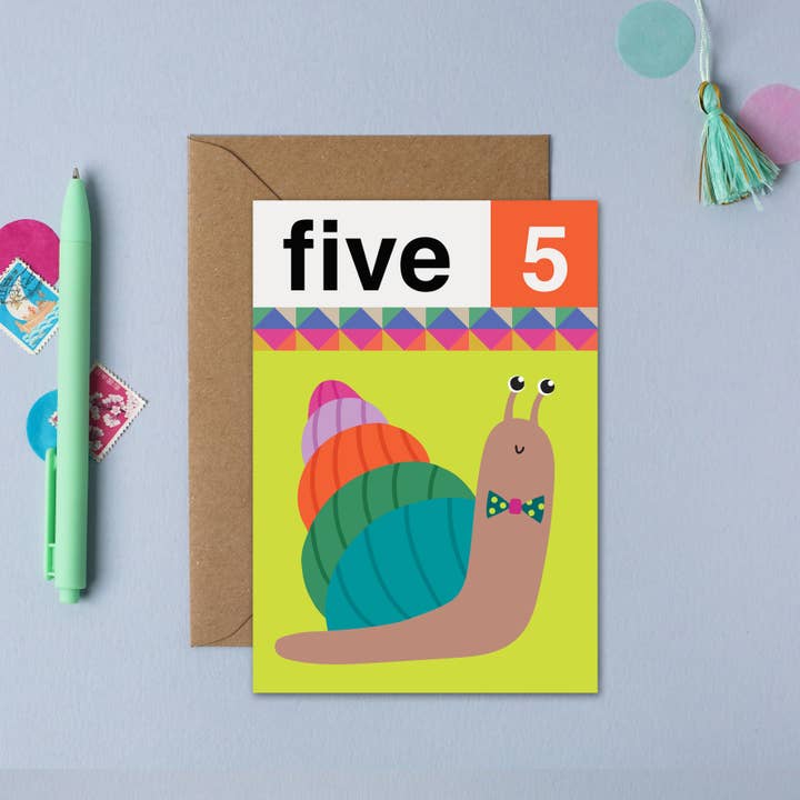 Mifkins – wholesale Birthday card – Snail Five 5th Birthday Card | Children’s Birthday Card