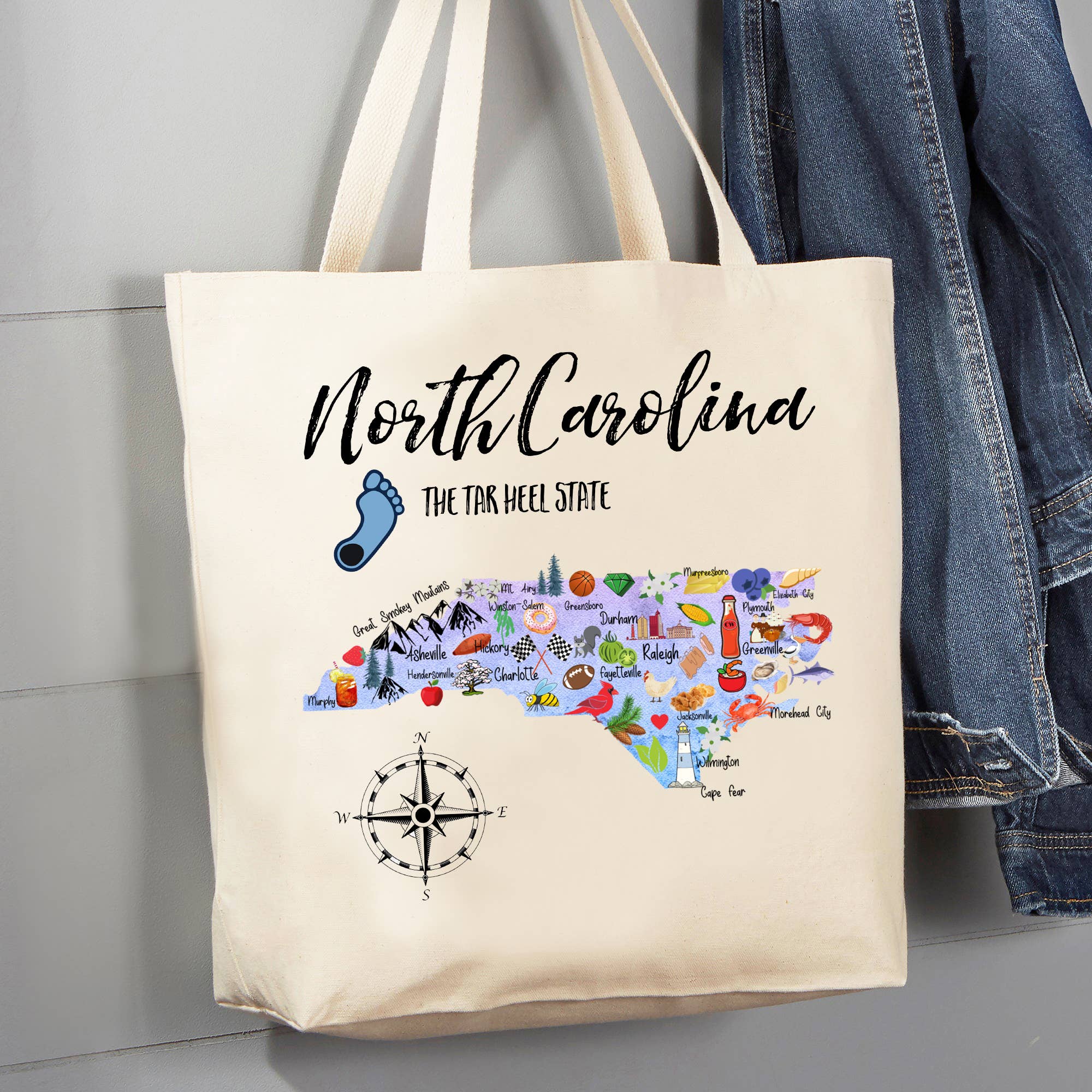 Avery Lane Gifts - Vendita all'ingrosso Borsa tote - Donna - Borsa in tela da 12 once per souvenir con mappa dello stato della Carolina del Nord0
