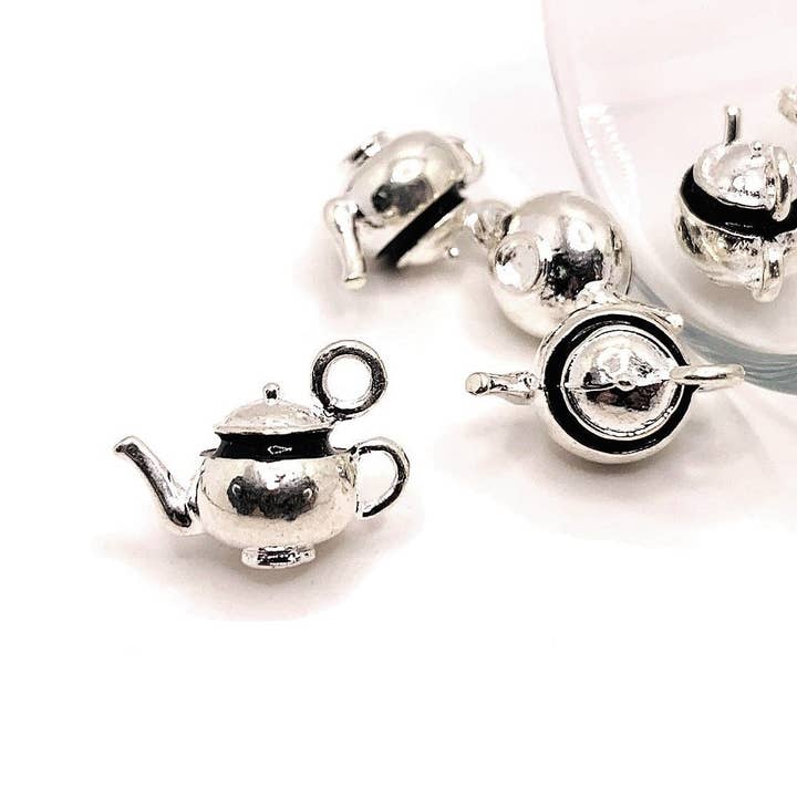 Silver Tea Pot Kettle 3D Charms, 17x12mm for wholesale by Guerrilla Charm