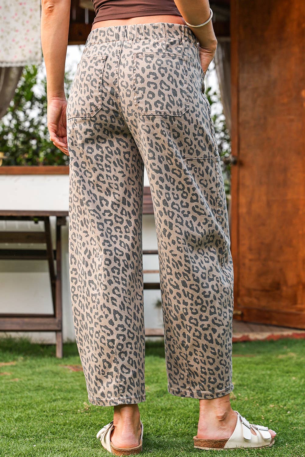 As shown Fashion-W Leopard Drawstring Waist Pocketed Wide Leg Jeans for wholesale on Faire1