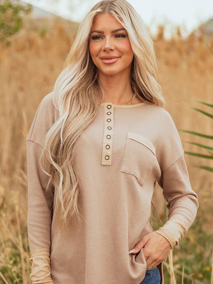 PRETTY BASH – wholesale Knit top – Women's – Colorblock Waffle Textured Henley Top5