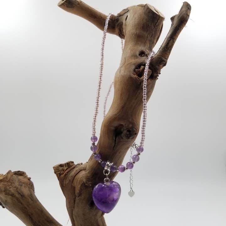Valentine Natural Amethyst Seed Bead Heart Necklace for wholesale by CHAKRA JEWELRY