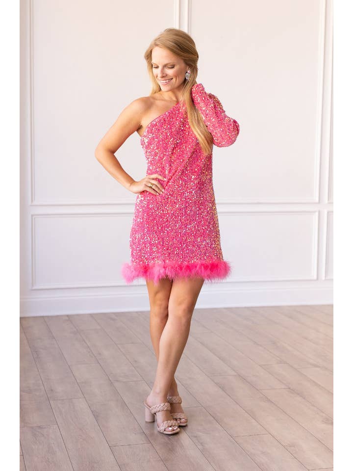 Feathered Opulence Sequin Dress in Pink for wholesale on Faire