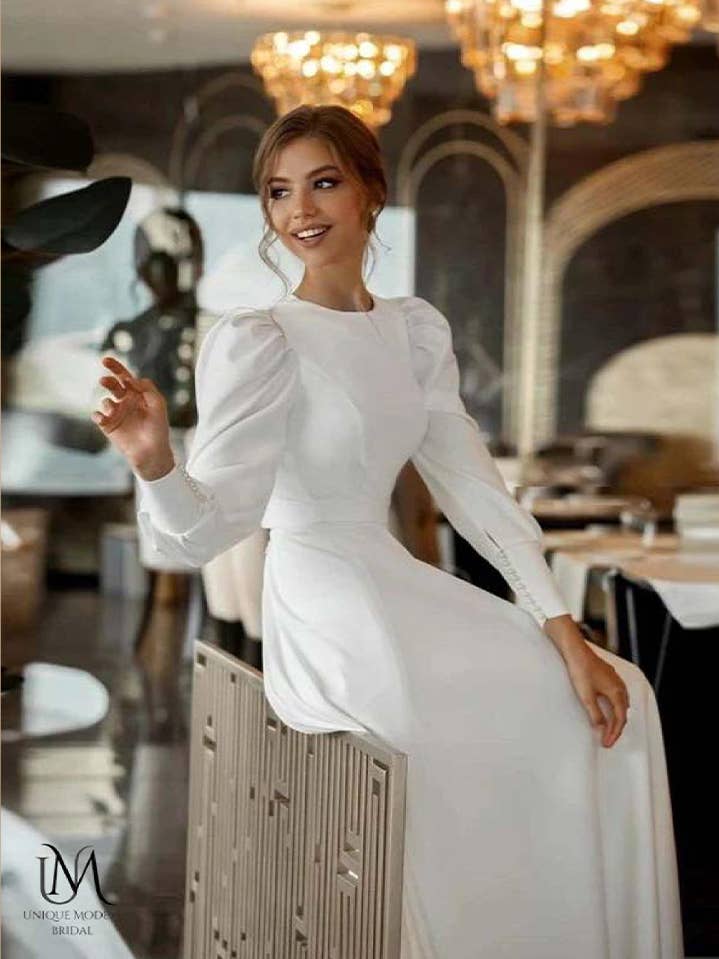 Jupiter - Simple Flow Satin Modest Wedding Dress for wholesale by Unique Modest Bridal