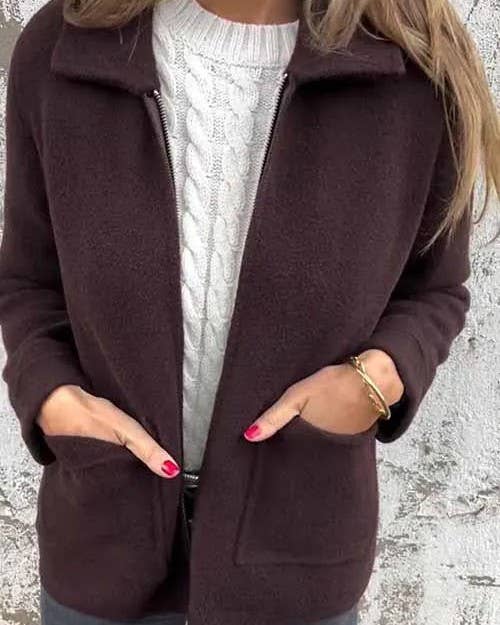 Rosa Clothing - Wholesale Jacket - Women's - Casual Lapel Solid Front Pocket Zipper Jacket0