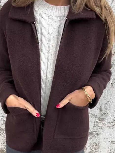 Rosa Clothing - Wholesale Jacket - Women's - Casual Lapel Solid Front Pocket Zipper Jacket0