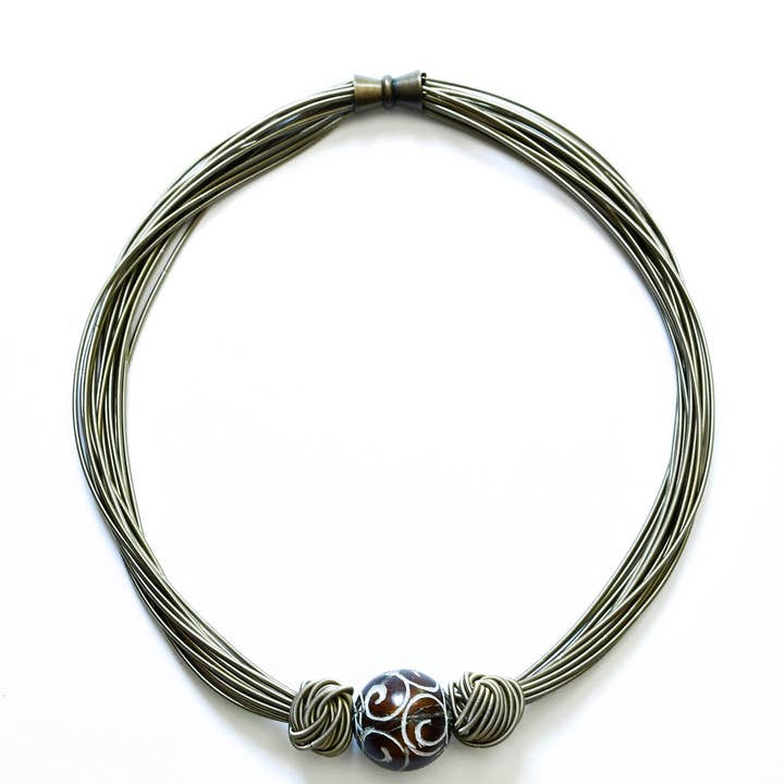 Sea Lily - Wholesale Beaded/Pearl Necklace - Bronze PW Beaded Necklace with Large Carved Jade Bead
