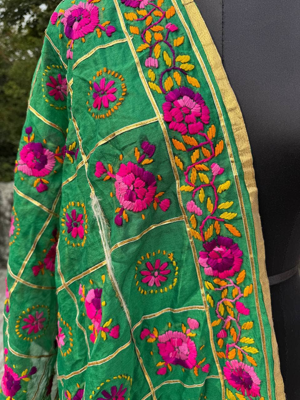 bhavnas boutique - Wholesale Wrap - Women's - Green Chanderi Cotton Hand Embroidery Phulkari Dupatta Scarf2