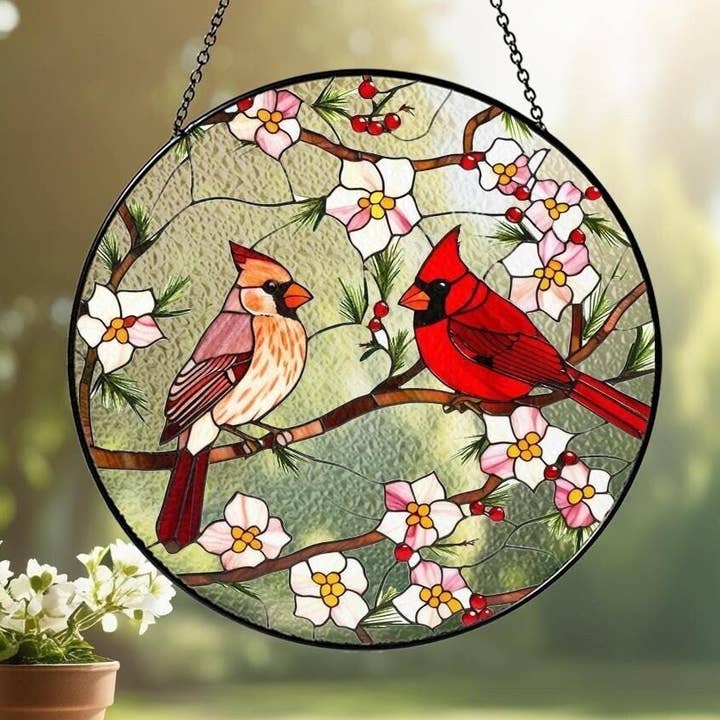 NVC Ecommerce LLC – Suncatcher por atacado – Apanhador de Sol de Vidro Colorido Cardinal, Arte Retro de Vidro de Pássaro0