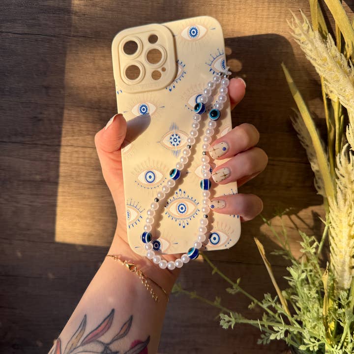 Evil Eye Pearl Phone Charm | Beaded Faux Pearl Phone Strap for wholesale by TheMellys