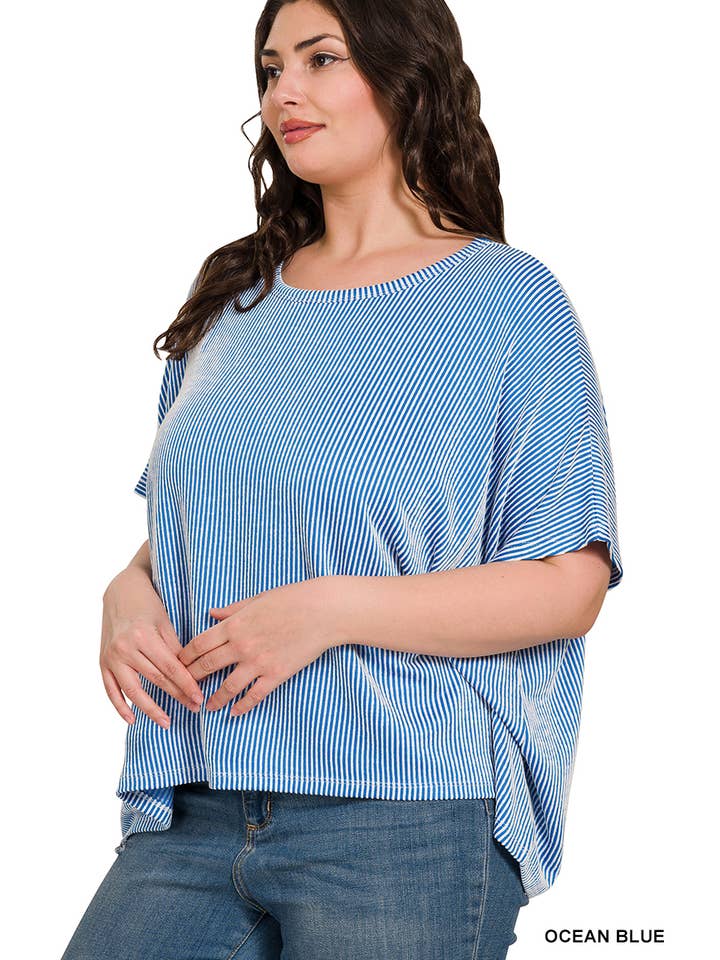 42POPS - Wholesale Knit Top - Women's - `.Plus size Ribbed Striped Oversized Short Slee13