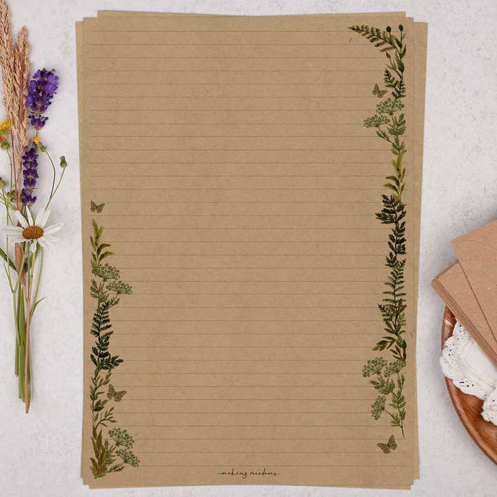 A4 kraft writing paper with botanic fern edge | Letter Set for wholesale by Making Meadows Ltd