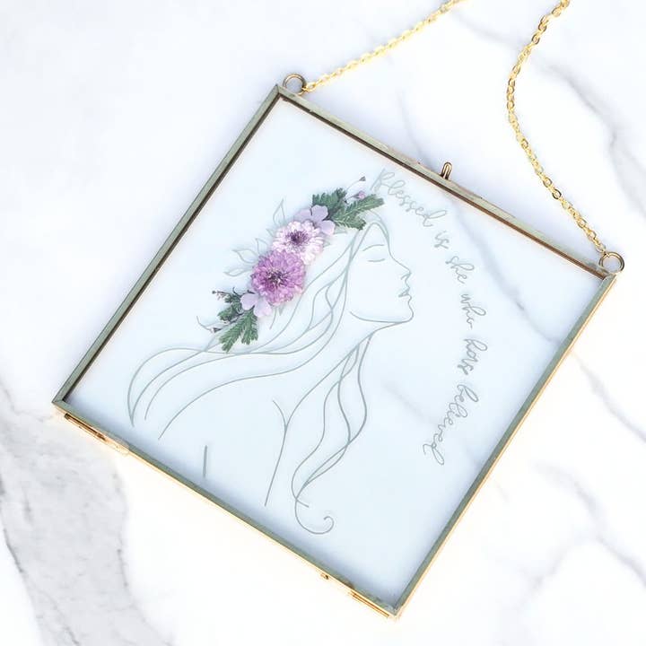 Blessed Is She Pressed Flower Scripture Art for wholesale by Sable + Ivy