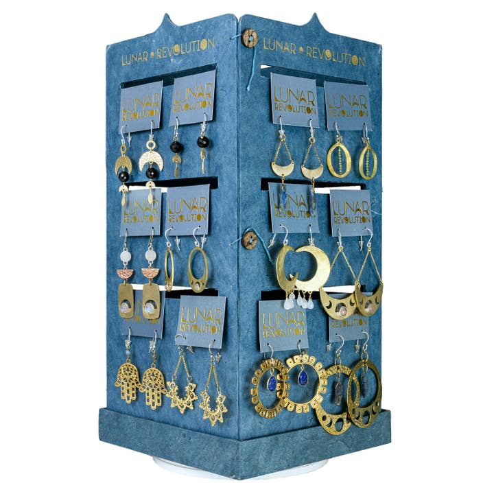 Lunar Rev Kurze Ohrring-Drehständer, Denim für den Großhandel von dZi Handmade