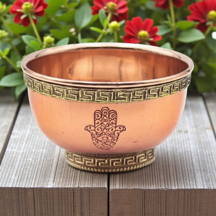 Copper Bowl - Hamsa, Natural Finish, pack of 2 for wholesale by Earths Elements Wholesale