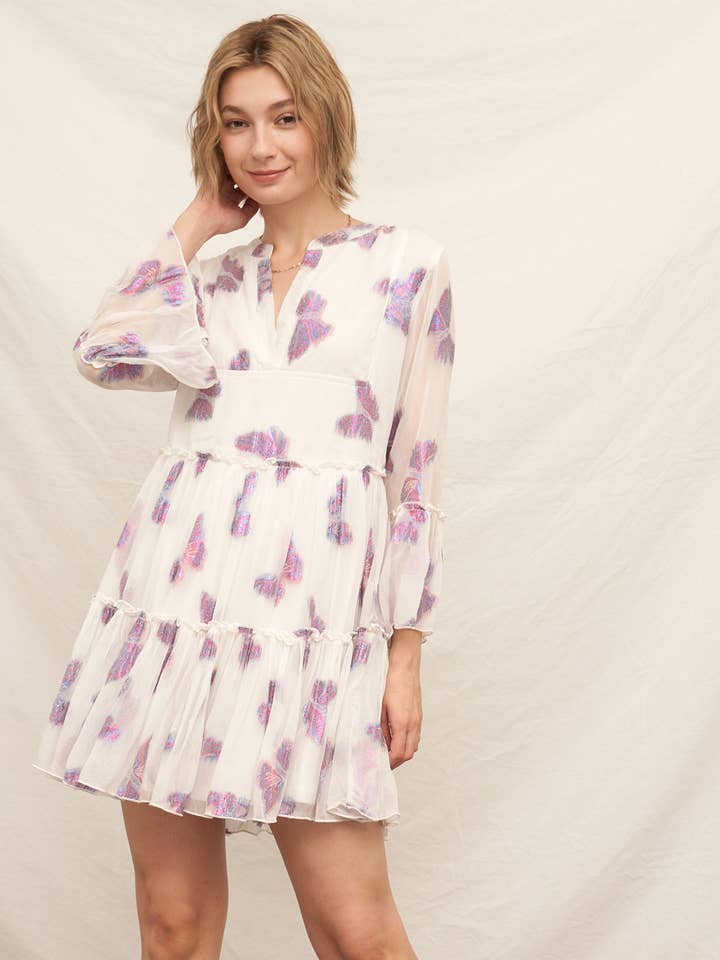 Metallic Butterfly V-Neck Tiered Mini Dress for wholesale by En Crème