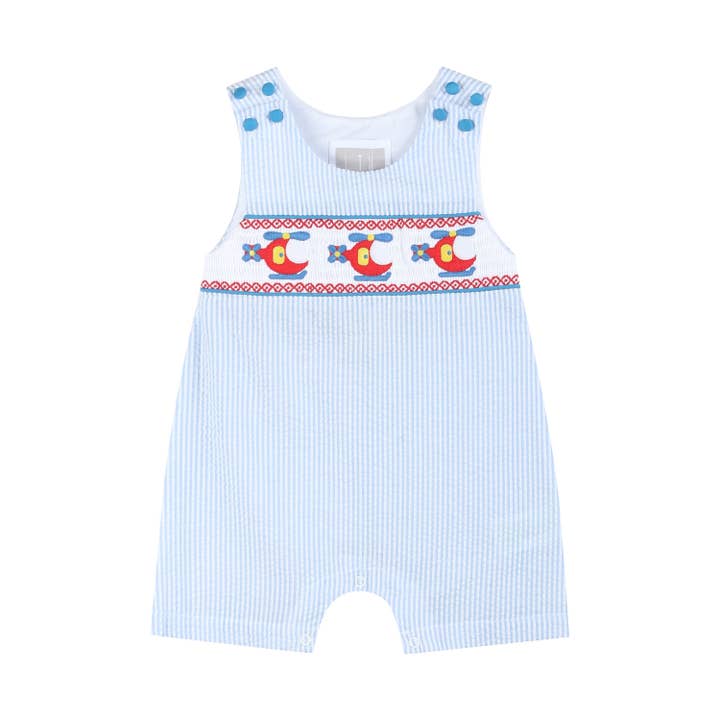 Blue Seersucker Helicopter Smocked Shortalls for wholesale by Lil Cactus