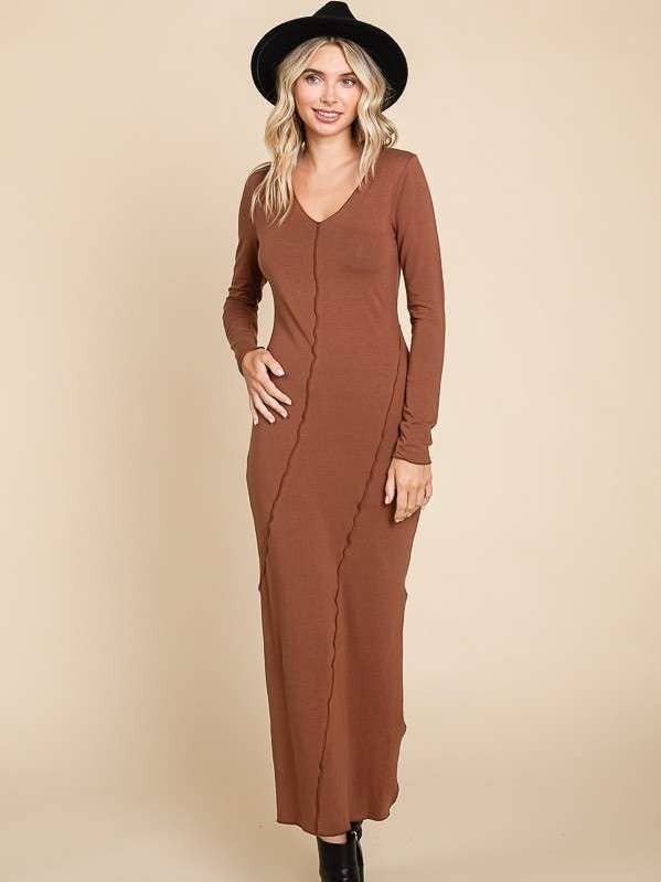 CJD1762L - V-NECK MERROW BODYCON LSLV MAXI DRESS for wholesale by Culture Code
