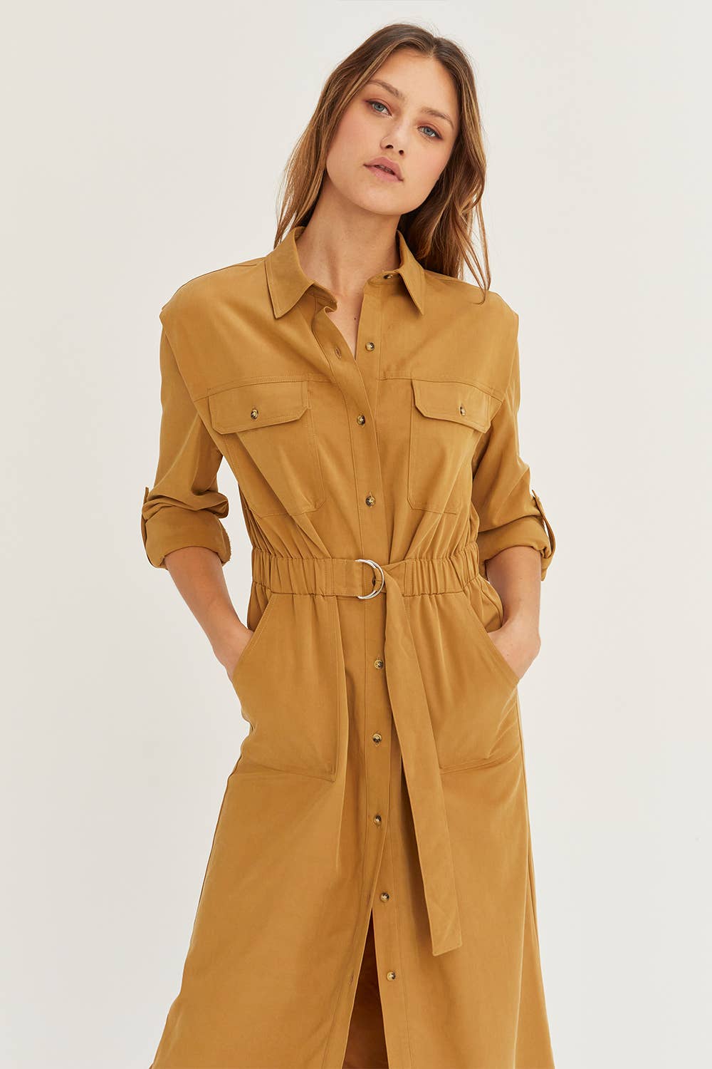 TAN CD8031 - Kayla Button Up Utility Midi Dress for wholesale on Faire9