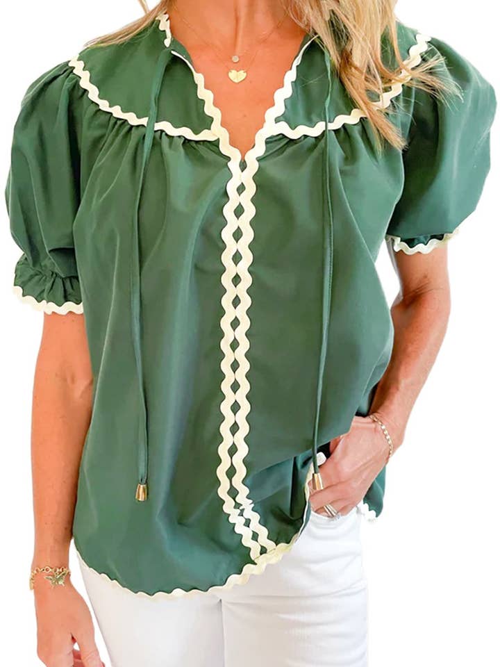 Green Ric Rac Trim Tie Split Neck Short Sleeve Blouse for wholesale on Faire