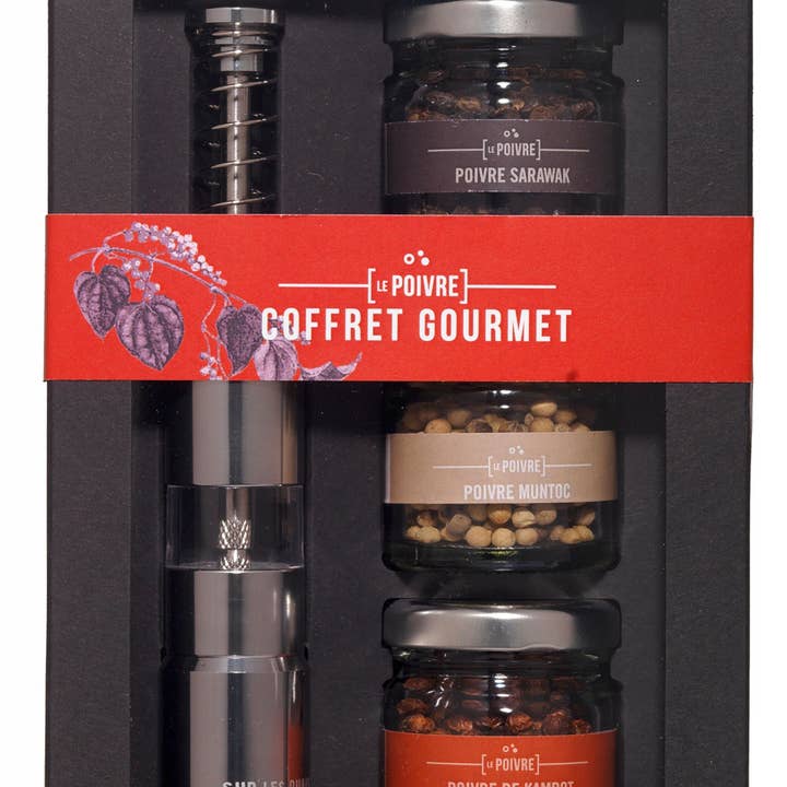 Gourmet box - 1 pepper mill and 3 pepper jars for wholesale by Sur les Quais