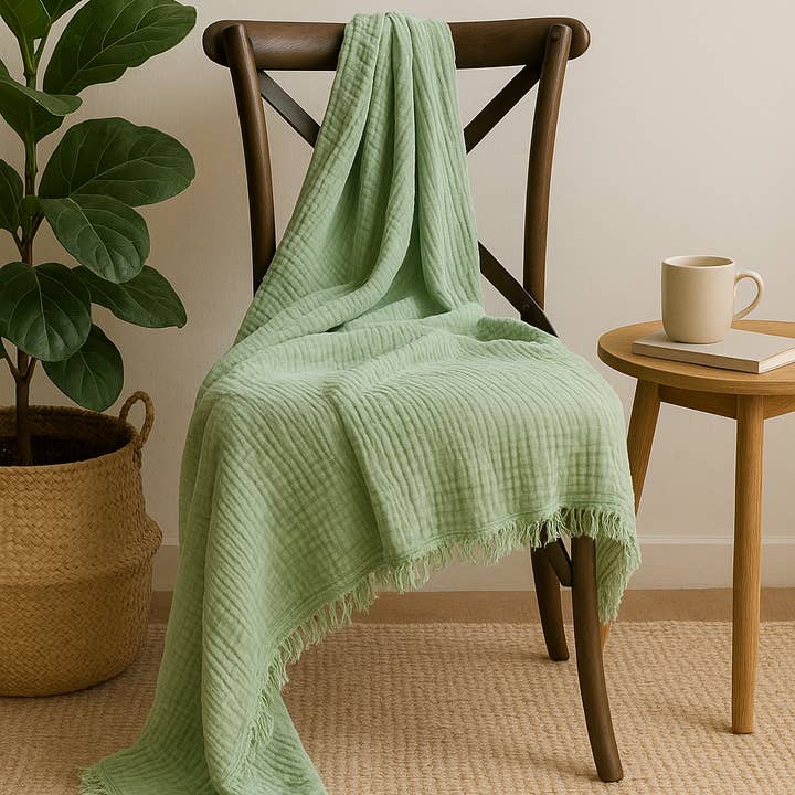 Mama and Tochter - Wholesale Throw Blanket - Organic Cotton Musli 4 Layer Throw Blanket - Sage Green