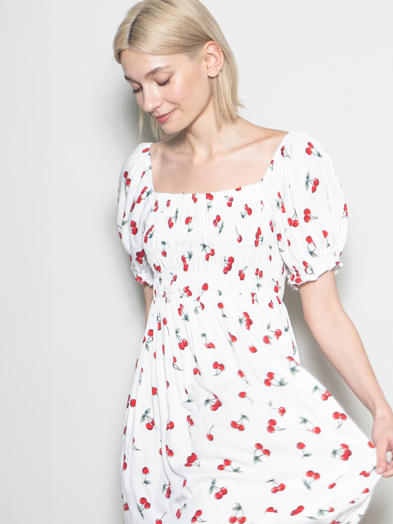 Elloh Collection - Wholesale Dress - Women's - Puff Sleeve Square Neck Cherry Print Dress with Pockets12