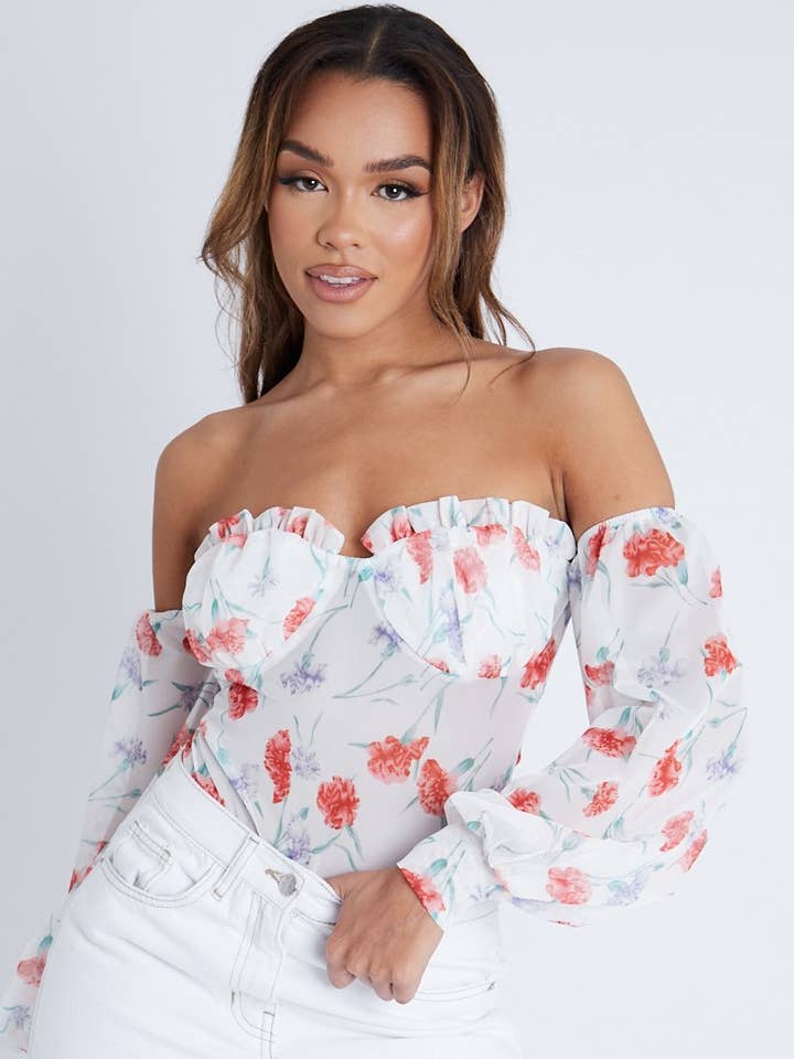 Lilac Floral Bardot Off Skulder Mesh Bodysuit - Hayle for engroshandel hos Rebellious Fashion