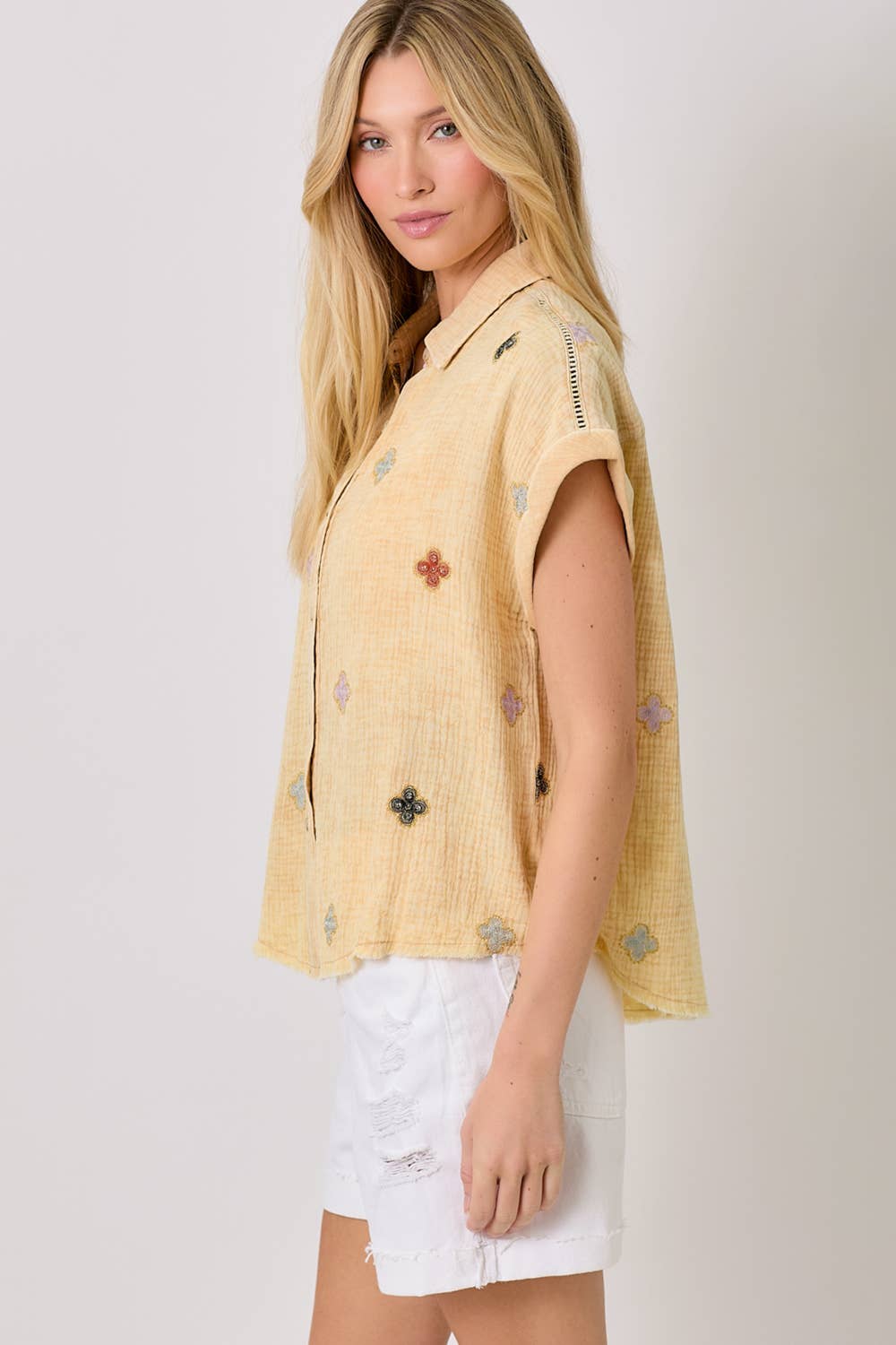 Mystree - Vente Chemise à col boutonné – femme - Haut brodé lavé 609583