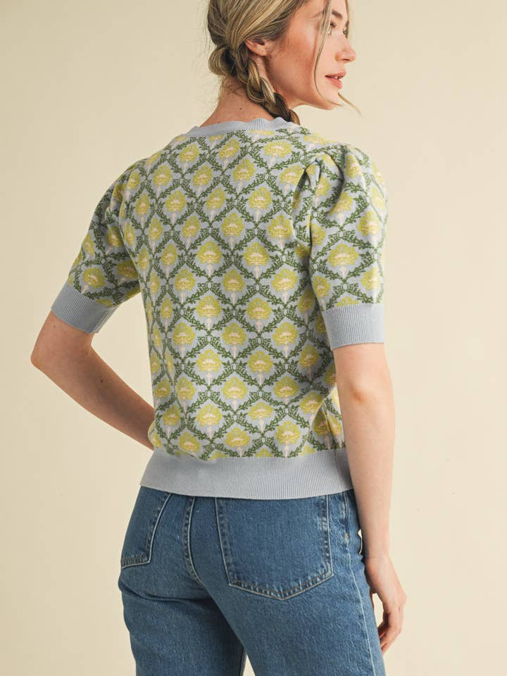 &MERCI - Wholesale Knit Sweater - Women's - FLORAL PATTERN SHORT SLEEVE SWEATER MSW1086044