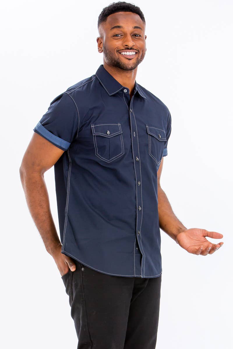 WEIV - Wholesale Button Down Shirt - Men's - Mens Stitch Outline Short Sleeve Button Down Shirt3