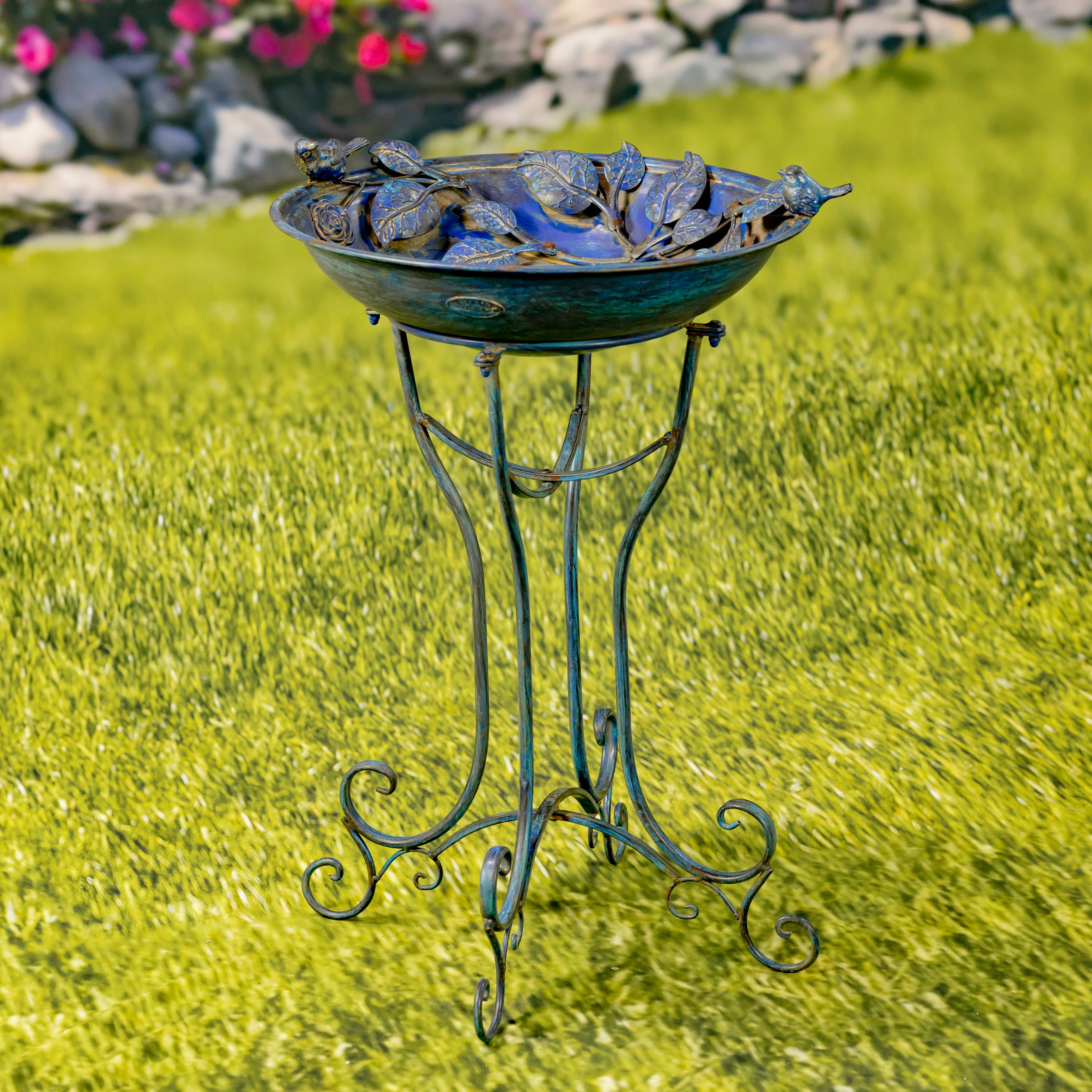 Zaer Ltd. International - Wholesale Bird Bath - 30.7" Tall Round Iron Birdbath with Rose & Bird Accents8