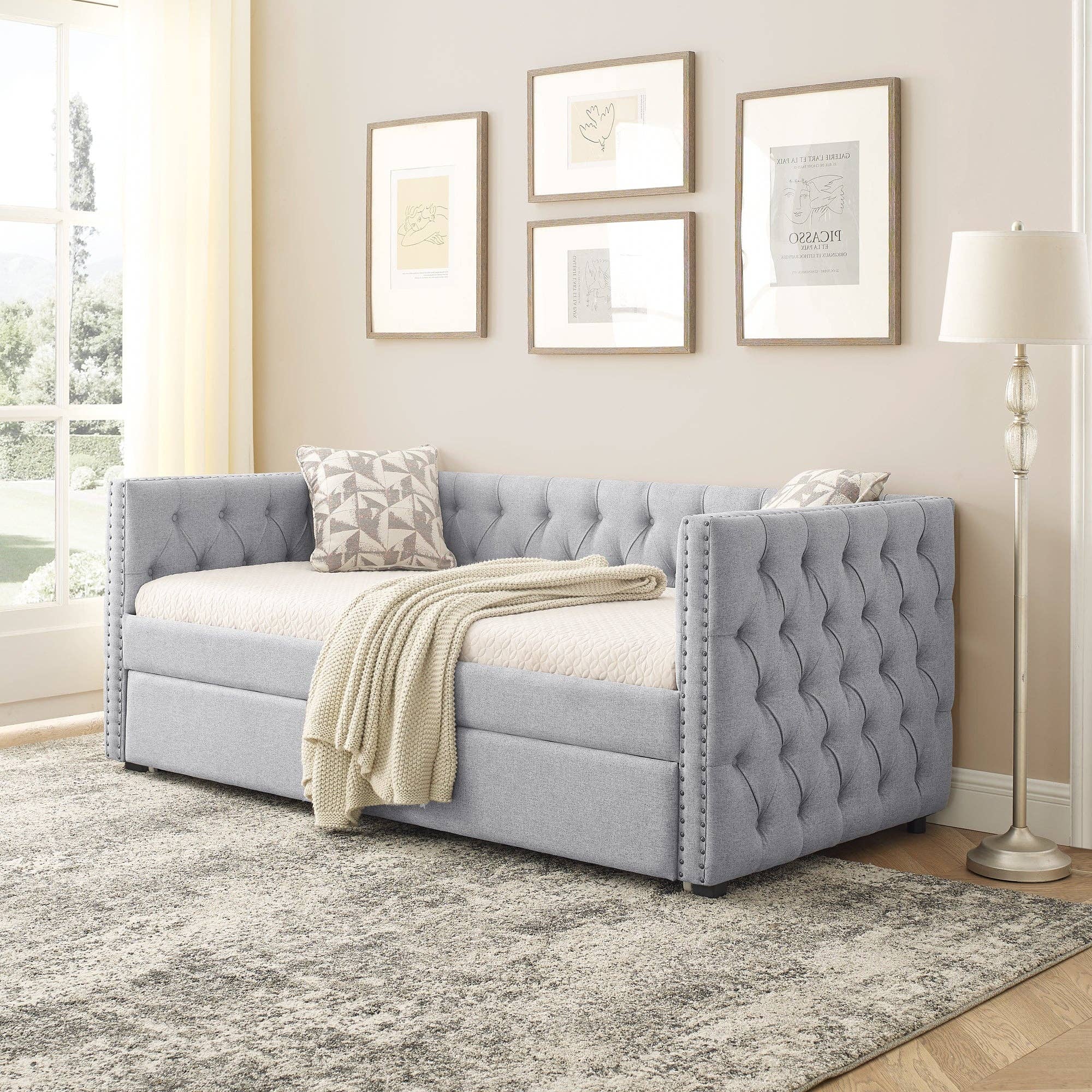 39F Inc. - Wholesale Sofa - Grey Upholstered Twin Daybed with Tufted Trundle Bed1
